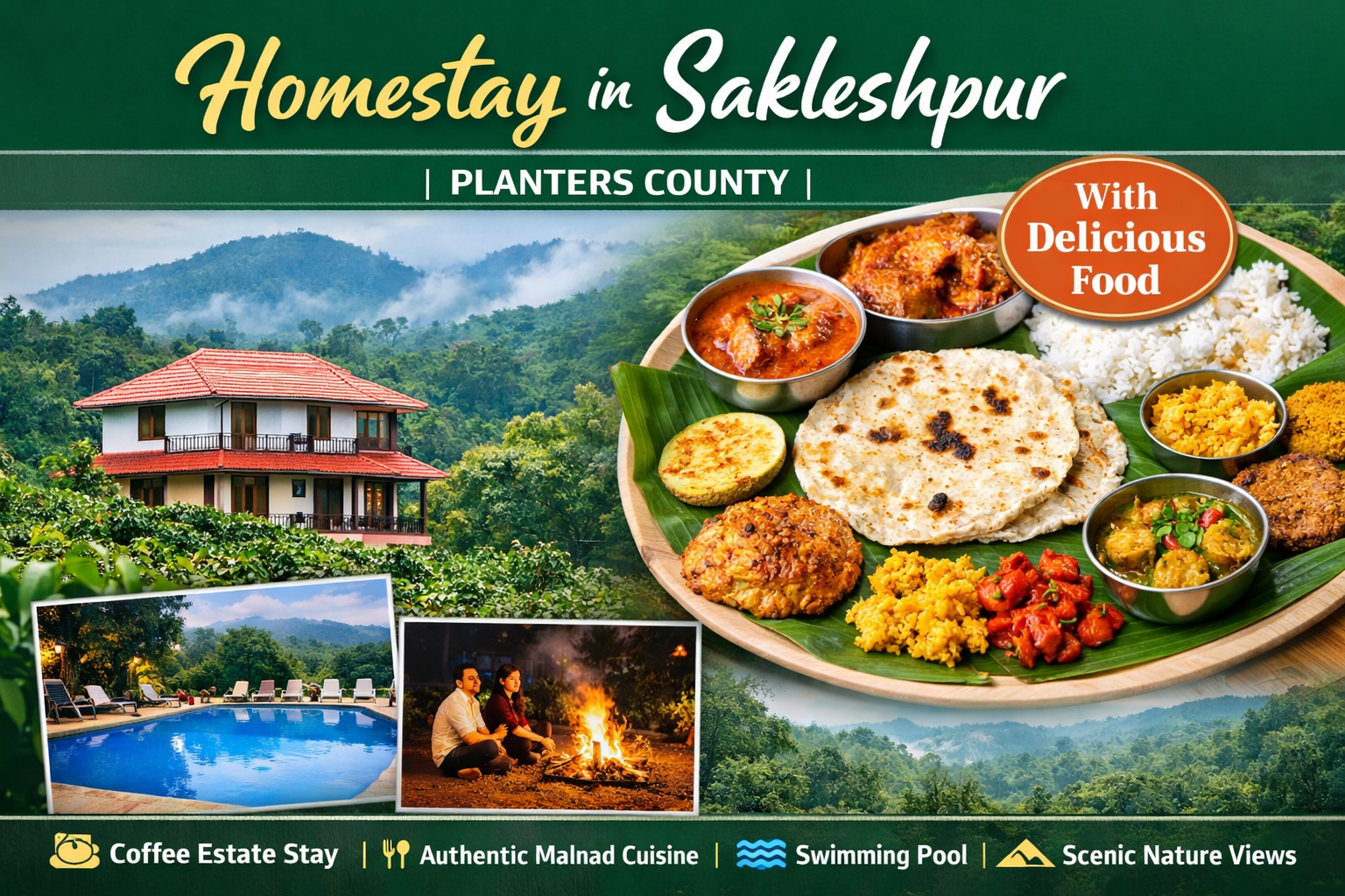 Homestay in Sakleshpur with food at Planters County featuring coffee estate stay, authentic Malnad cuisine, swimming pool and scenic Western Ghats views.