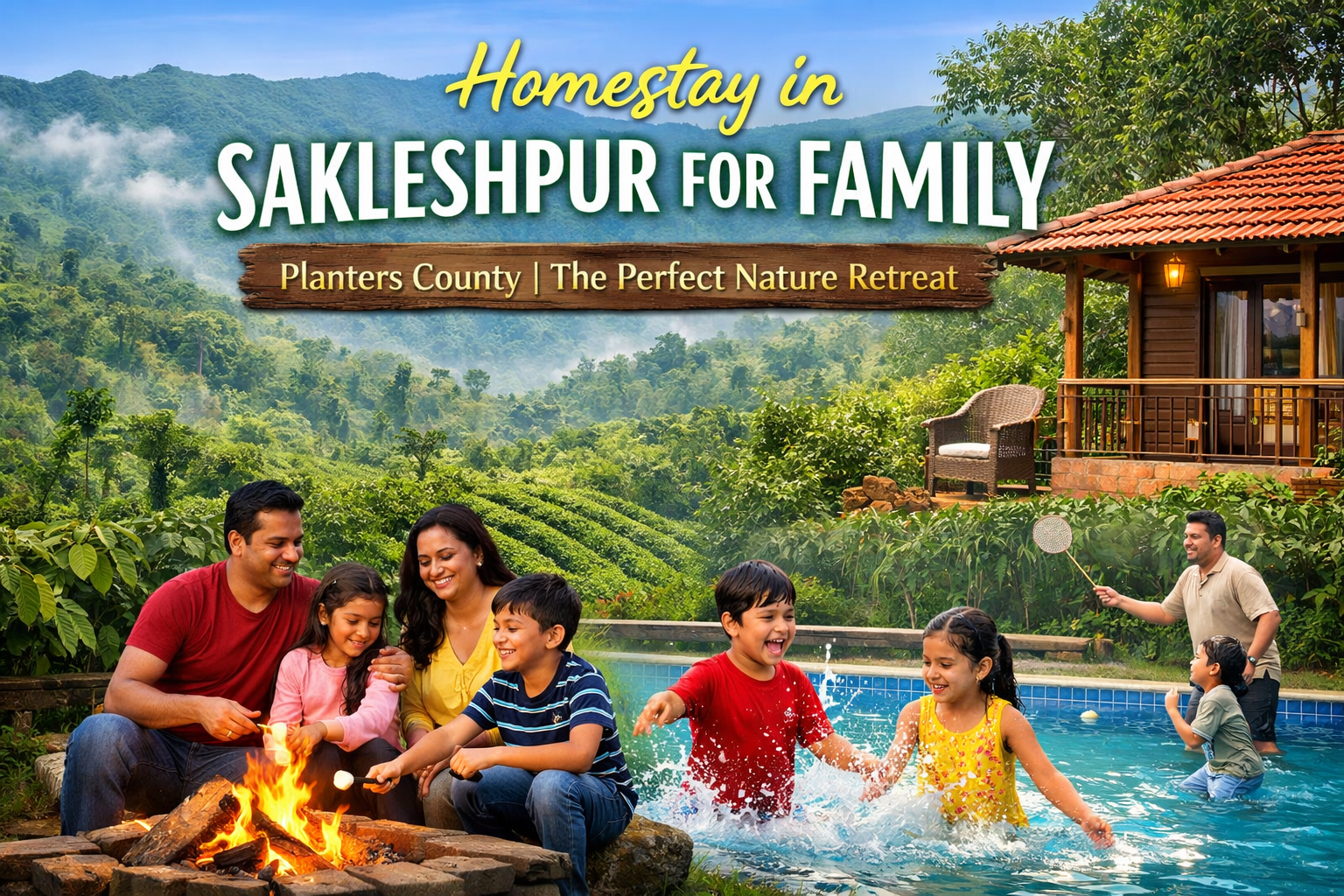 Homestay in Sakleshpur for family at Planters County with swimming pool, campfire, and scenic Western Ghats view