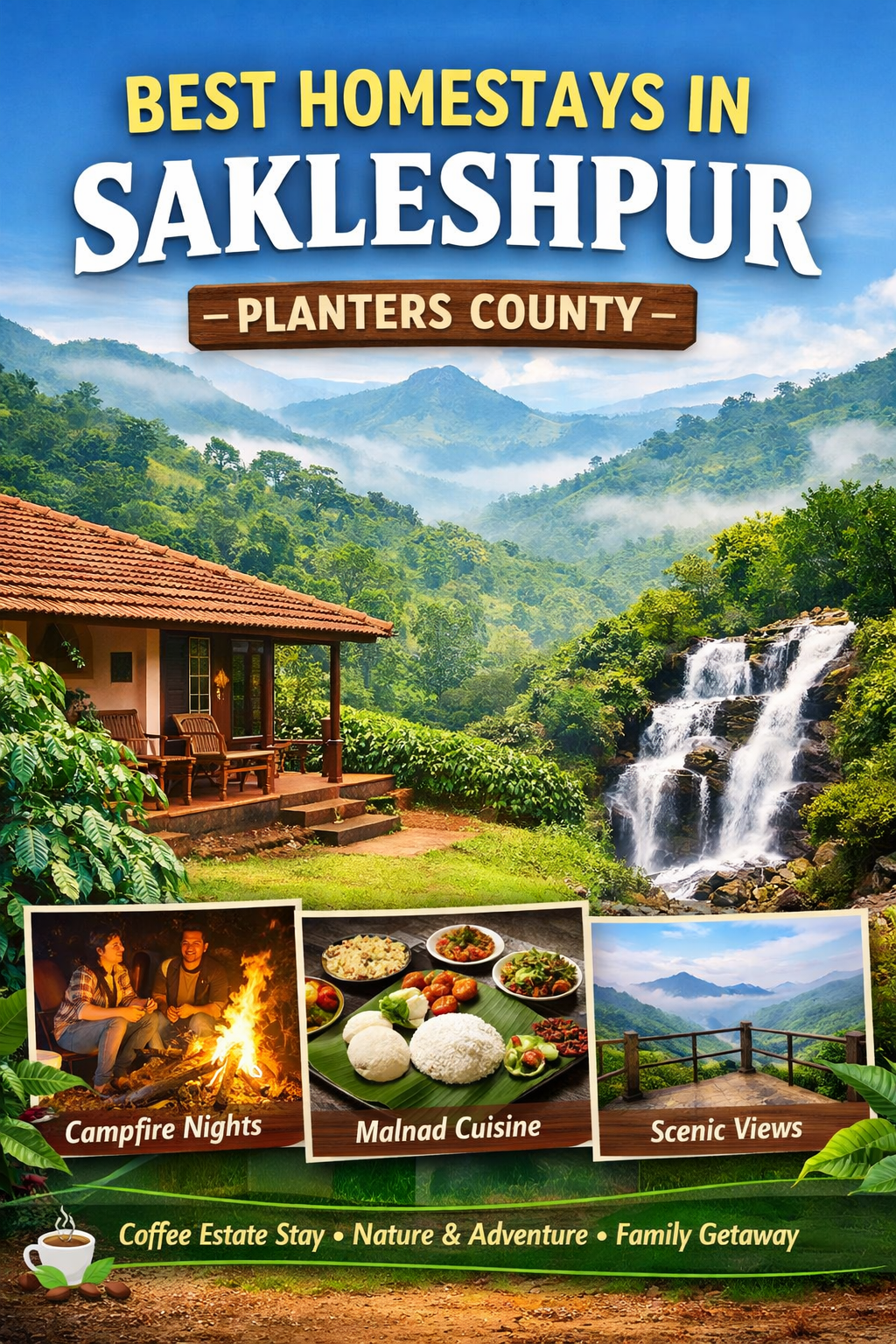 Best homestays in Sakleshpur – Planters County coffee estate stay with waterfall, scenic hills, campfire nights and Malnad cuisine.