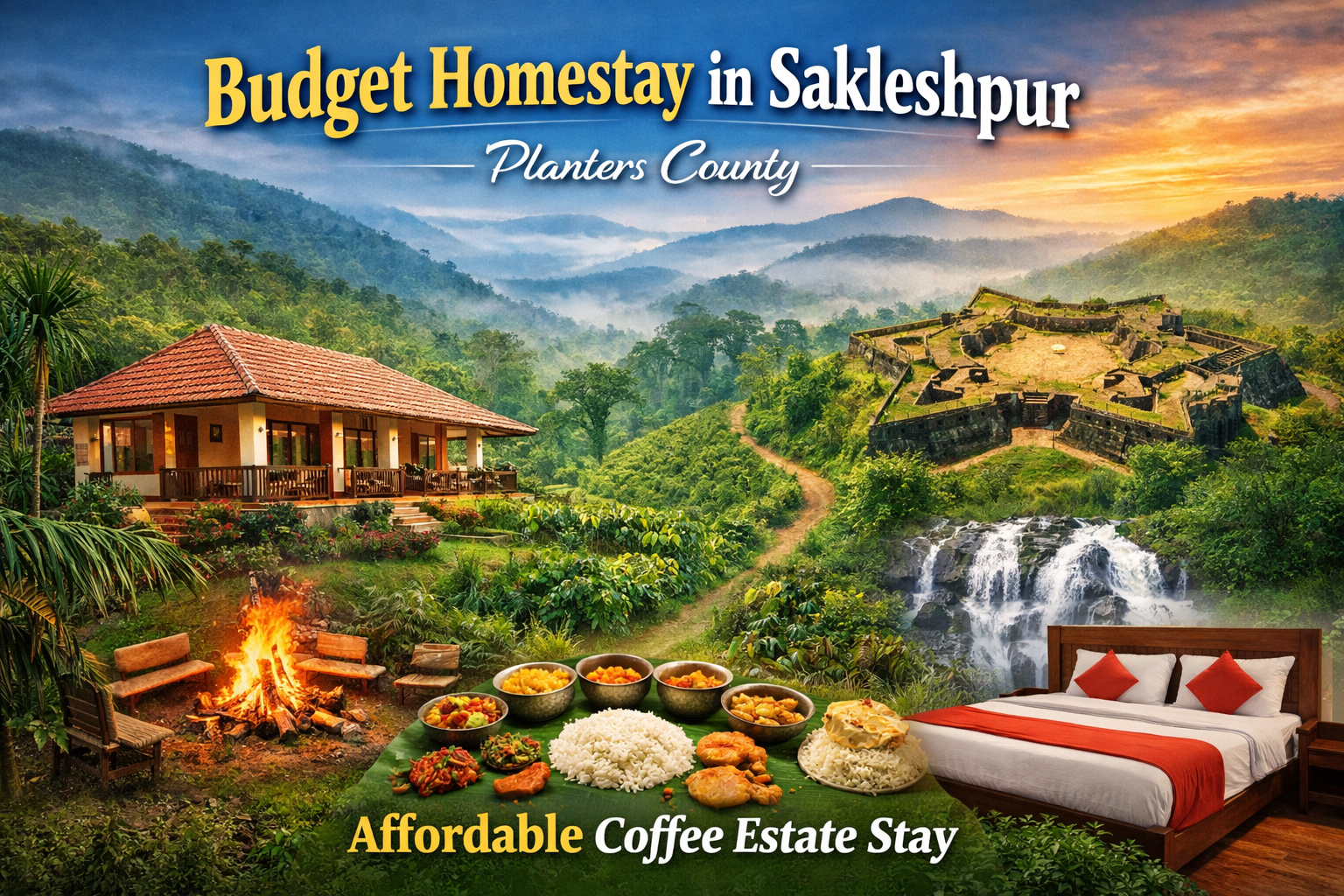 Budget homestay in Sakleshpur at Planters County surrounded by coffee plantation, Manjarabad Fort view, waterfall, campfire and comfortable room in Western Ghats.