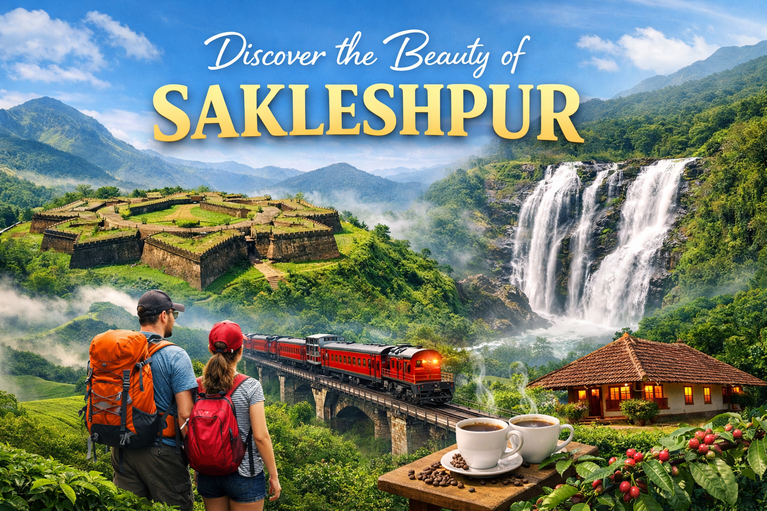 Sakleshpur hill station featuring Manjarabad Fort, Mallalli Falls, coffee plantations, train bridge and homestay in Western Ghats Karnataka
