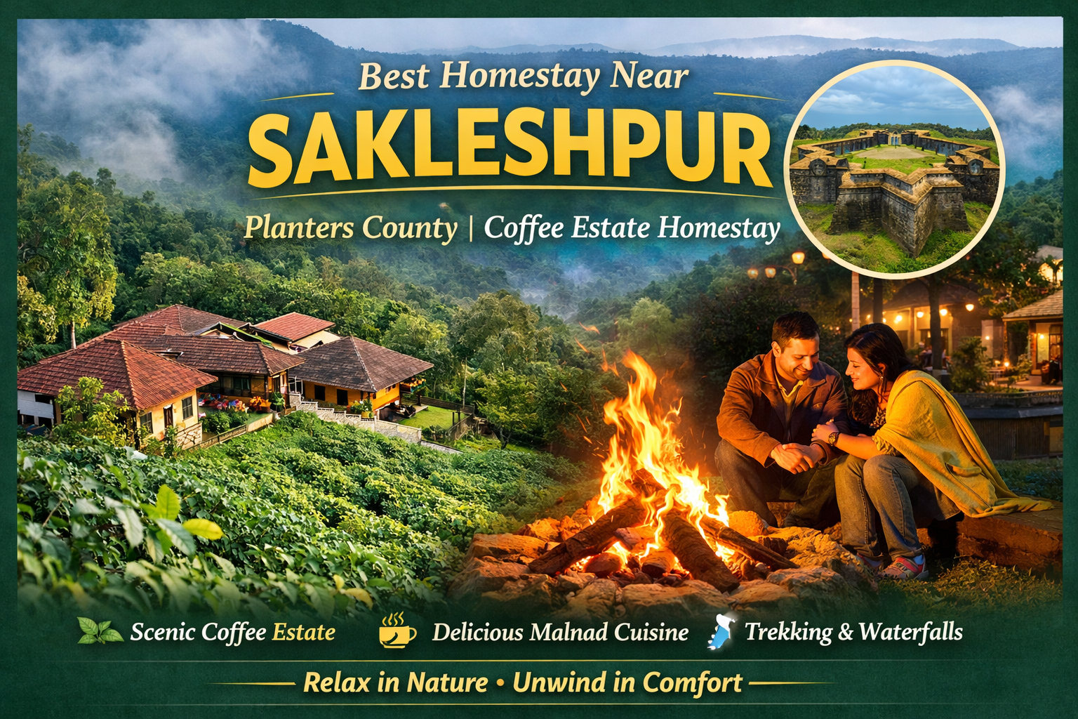 Best homestay near Sakleshpur – Planters County coffee estate homestay with scenic Western Ghats views, bonfire night, and Manjarabad Fort backdrop.