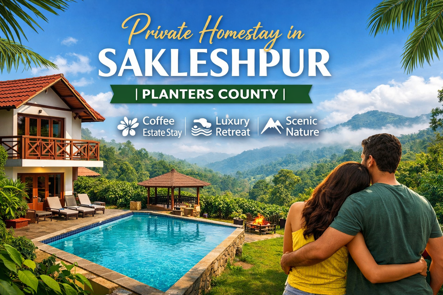 Private homestay in Sakleshpur with swimming pool and coffee estate view at Planters County surrounded by Western Ghats greenery.