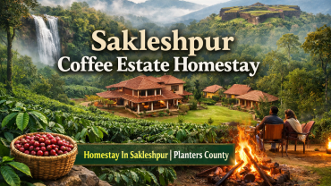 Sakleshpur Coffee Estate Homestay at Planters County surrounded by lush coffee plantations, misty Western Ghats hills, waterfall view and cozy bonfire setup.