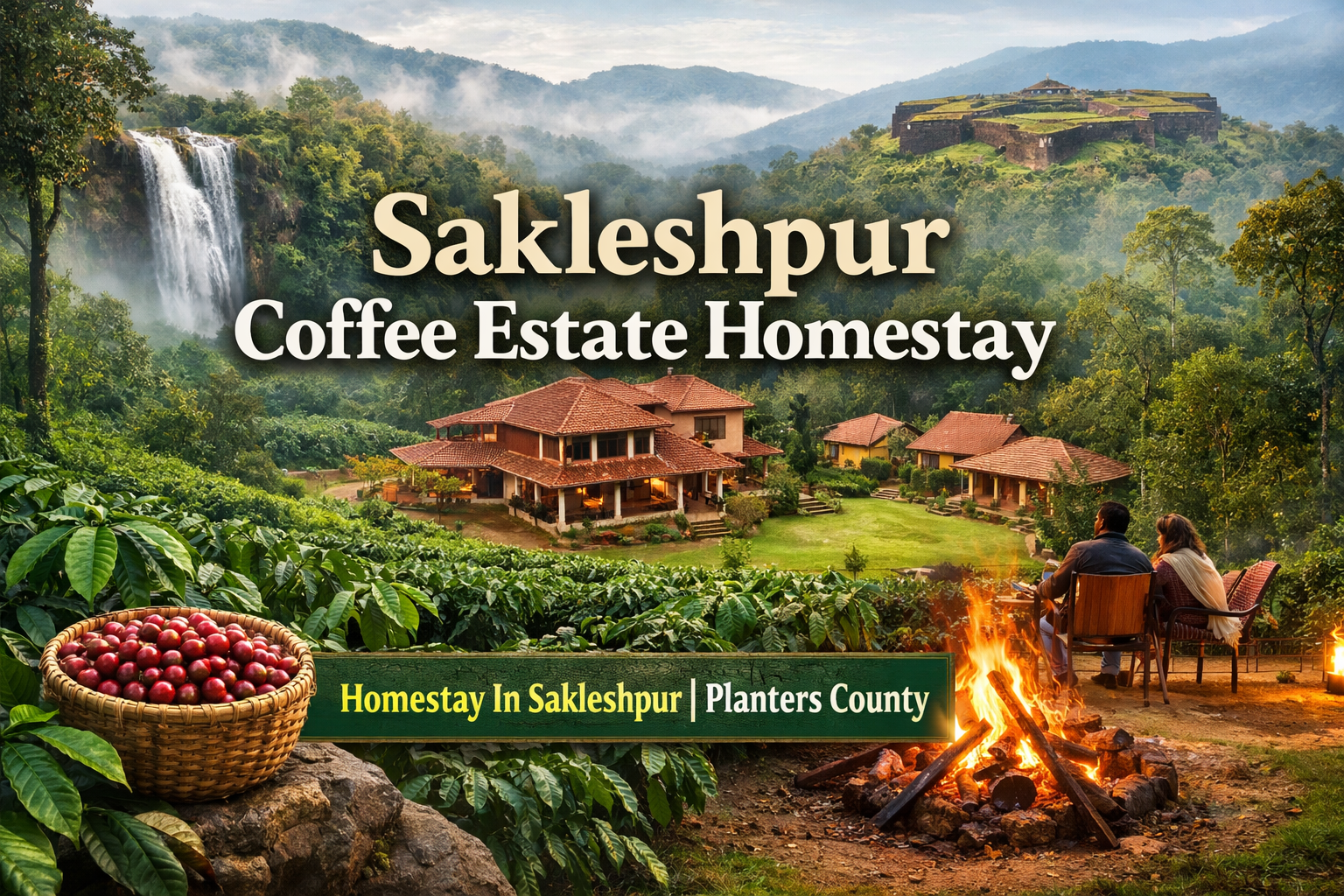 Sakleshpur Coffee Estate Homestay at Planters County surrounded by lush coffee plantations, misty Western Ghats hills, waterfall view and cozy bonfire setup.