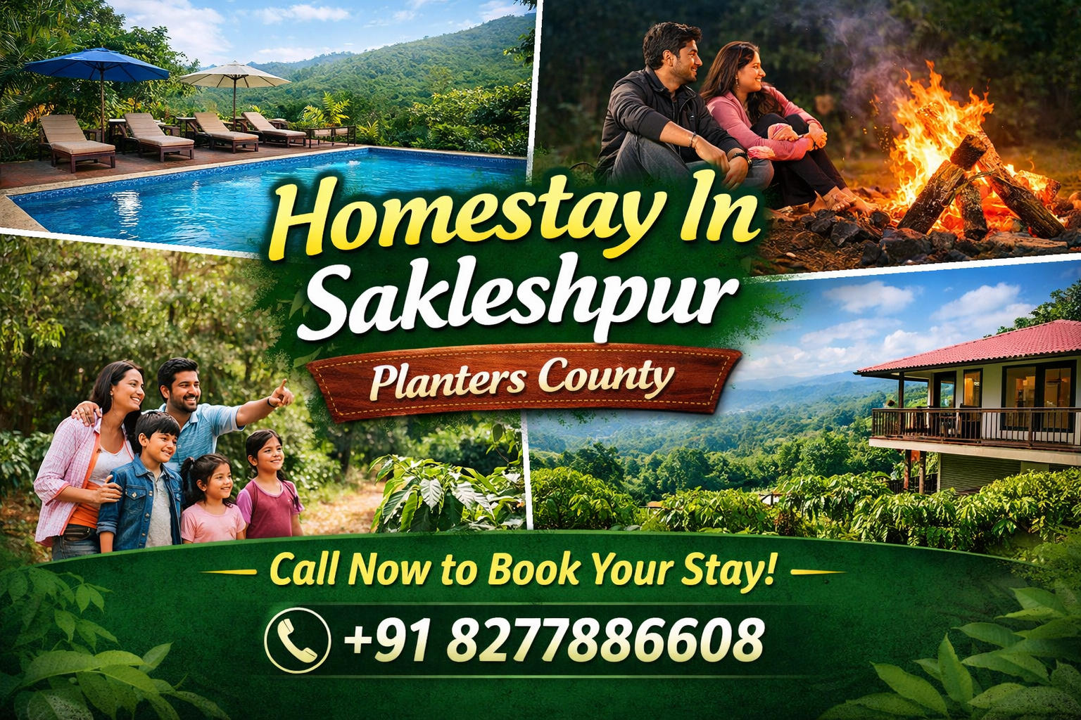 Family-friendly Sakleshpur homestay with swimming pool, coffee plantation view, bonfire night and hilltop balcony at Planters County