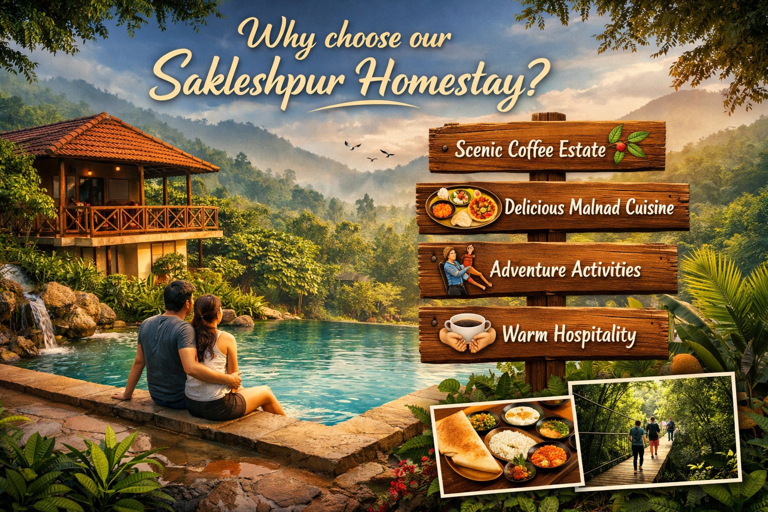 Why choose our Sakleshpur homestay surrounded by coffee plantations, hills, peaceful nature, delicious Malnad food, adventure activities, and warm hospitality
