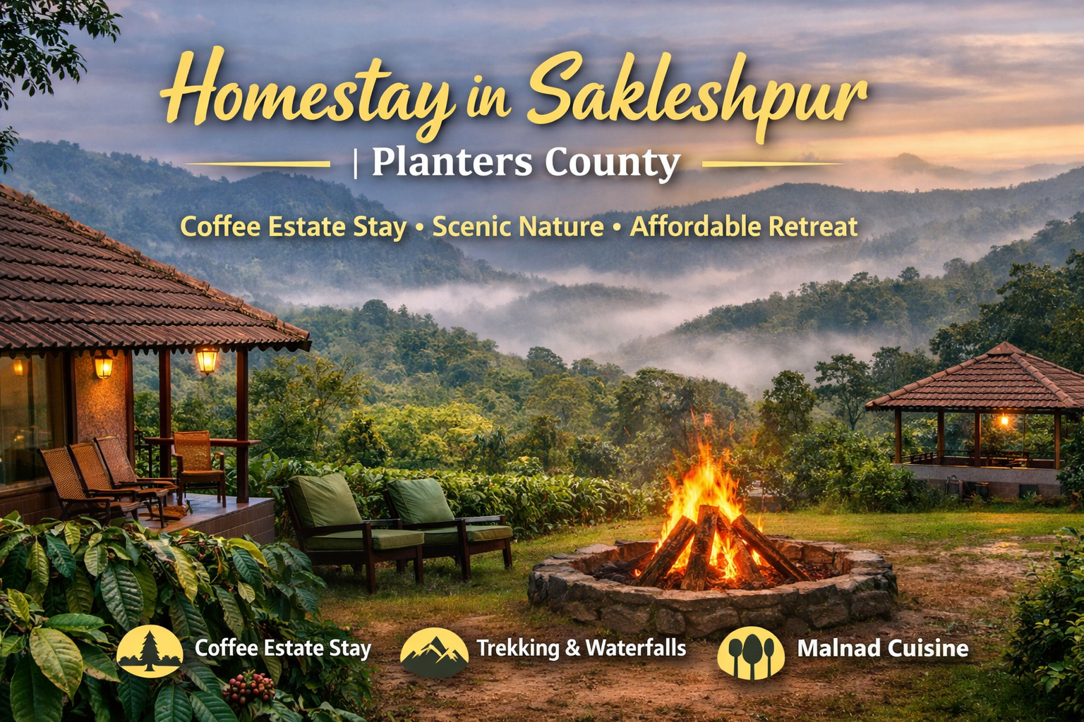 Affordable homestay in Sakleshpur surrounded by coffee plantations and Western Ghats hills at Planters County Sakleshpur Homestay.