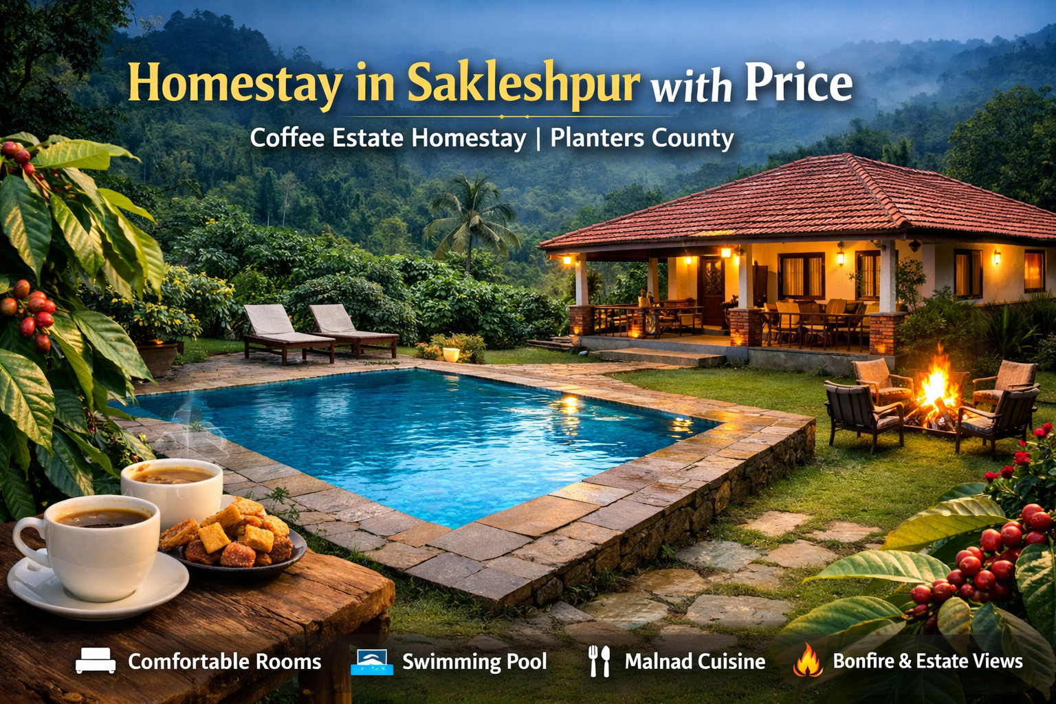 Homestay in Sakleshpur with price – coffee estate homestay with swimming pool at Planters County Sakleshpur surrounded by Western Ghats coffee plantations