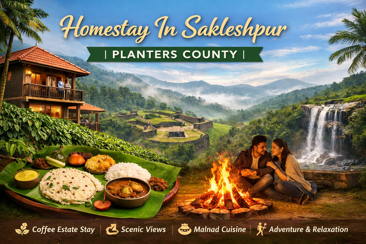 Homestay in Sakleshpur Planters County with coffee estate view, misty hills, bonfire, Malnad food, and scenic waterfall – best resort in Sakleshpur Karnataka