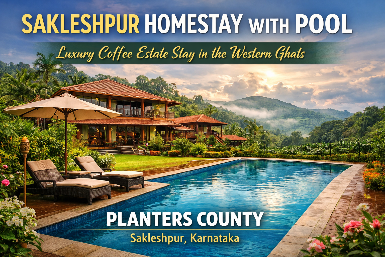 Sakleshpur homestay with pool at Planters County surrounded by coffee estate and Western Ghats hills in Karnataka