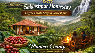 Best Sakleshpur homestay at Planters County featuring coffee estate stay, plantation view cottage, bonfire seating and scenic Sakleshpur tourism landscape in Karnataka.