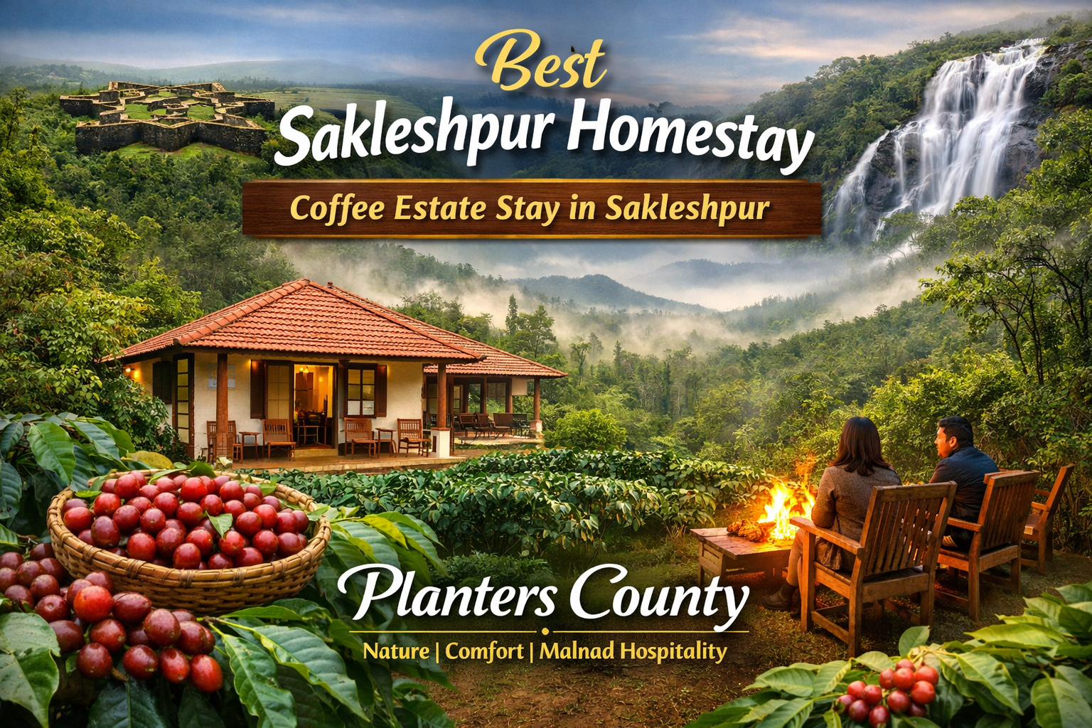 Best Sakleshpur homestay at Planters County featuring coffee estate stay, plantation view cottage, bonfire seating and scenic Sakleshpur tourism landscape in Karnataka.