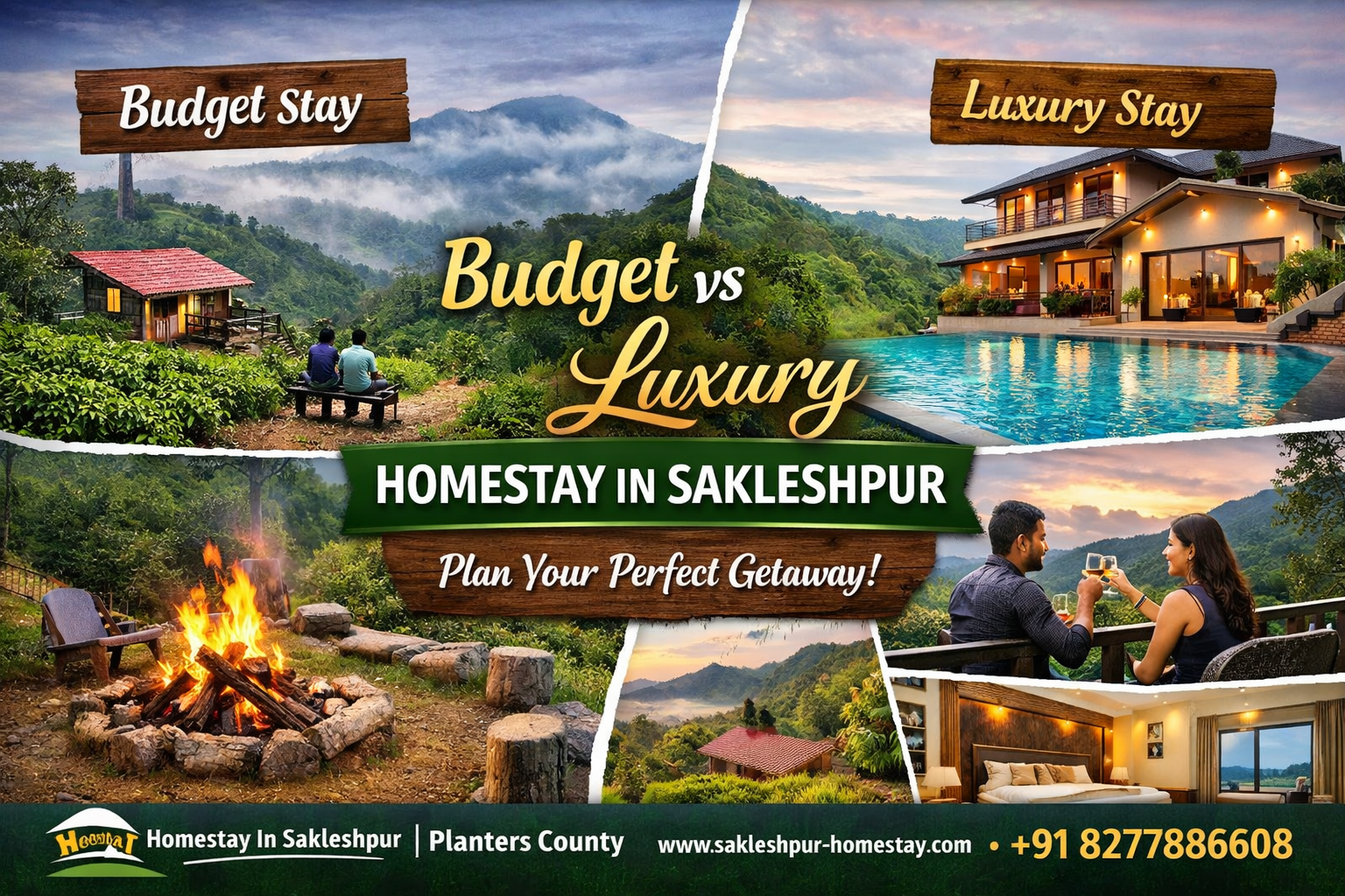 Budget vs Luxury Homestay in Sakleshpur showing coffee estate stay, swimming pool villa, bonfire area and scenic hill views at Homestay In Sakleshpur | Planters County.