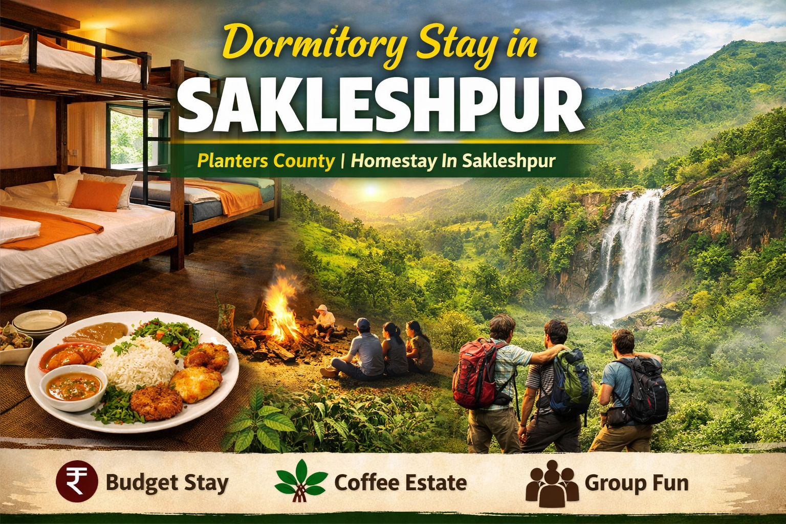 Dormitory stay in Sakleshpur at Planters County homestay with bunk beds, coffee estate views, waterfalls, trekking, campfire and budget group stay in Karnataka