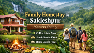 Family enjoying coffee estate stay at homestay in Sakleshpur with scenic Western Ghats views, bonfire, and home-cooked food at Planters County