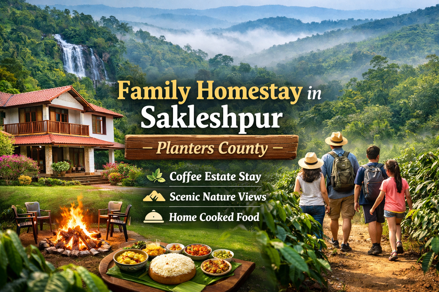 Family enjoying coffee estate stay at homestay in Sakleshpur with scenic Western Ghats views, bonfire, and home-cooked food at Planters County