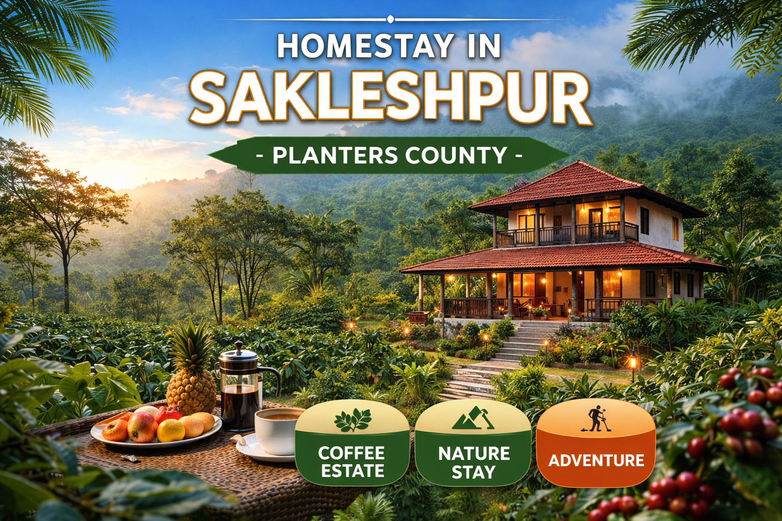 Beautiful coffee estate homestay in Sakleshpur surrounded by Western Ghats hills at Sakleshpur Homestay – Planters County, one of the best homestays in Sakleshpur for nature stay and Karnataka tourism.