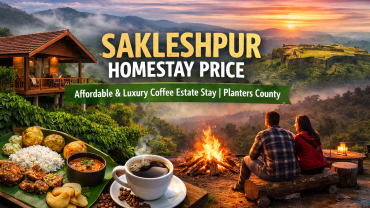 Sakleshpur homestay price featured image showing coffee estate stay, luxury cottage, campfire couple, traditional food and Manjarabad Fort view in Karnataka