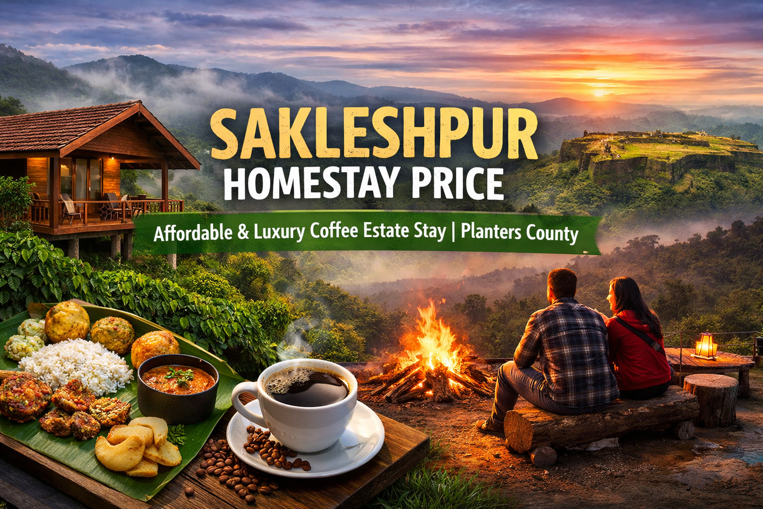 Sakleshpur homestay price featured image showing coffee estate stay, luxury cottage, campfire couple, traditional food and Manjarabad Fort view in Karnataka