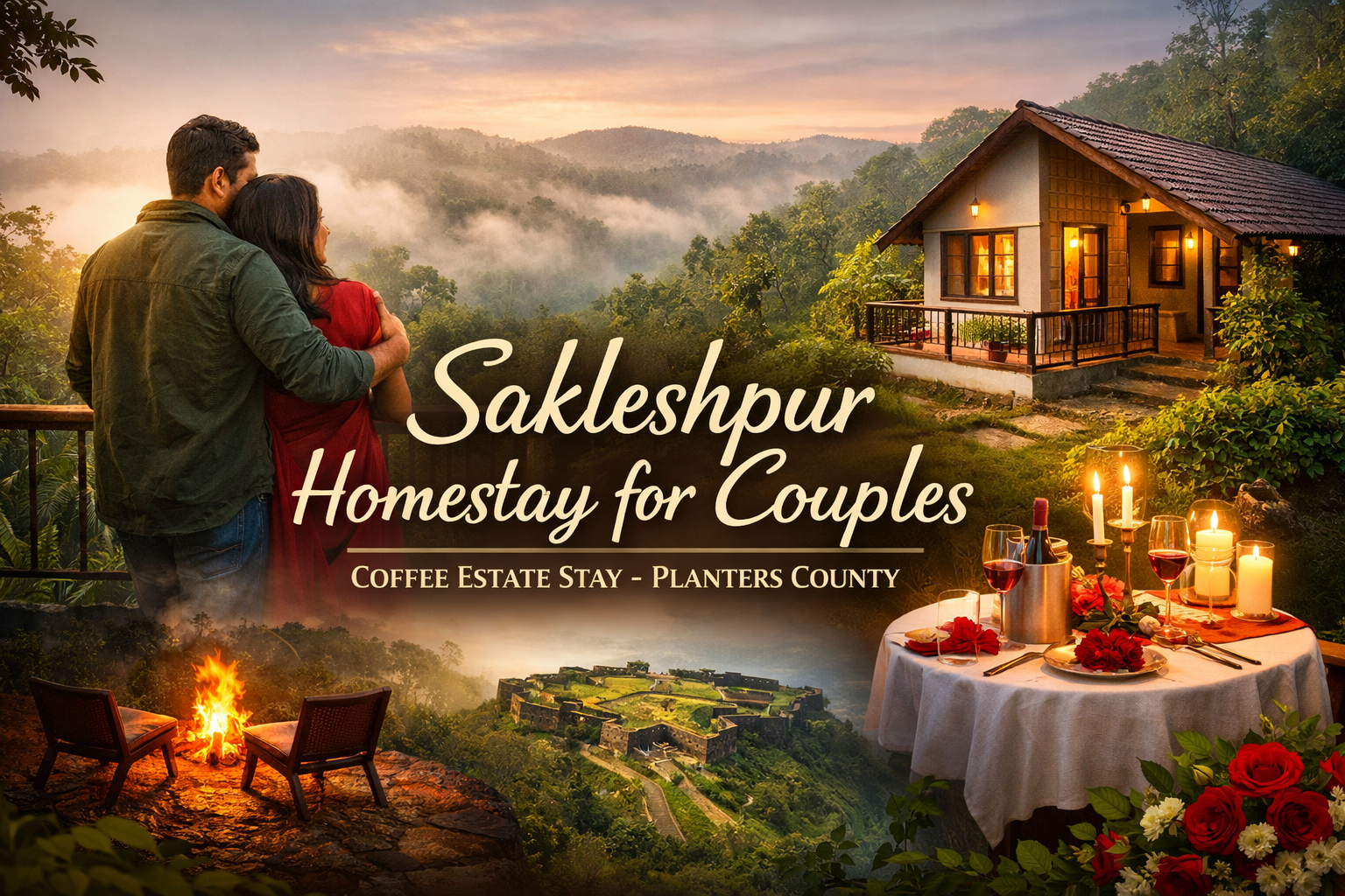 Romantic Sakleshpur homestay for couples at Planters County with coffee estate view, private cottage, candle light dinner and misty hill scenery.