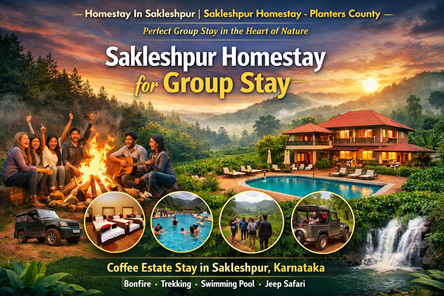 Sakleshpur homestay for group stay with bonfire, swimming pool, coffee estate view and nature resort at Planters County in Sakleshpur Karnataka