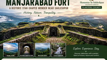 Aerial view of Manjarabad Fort in Sakleshpur, Karnataka, showcasing its unique star-shaped architecture surrounded by the lush Western Ghats and misty hills.