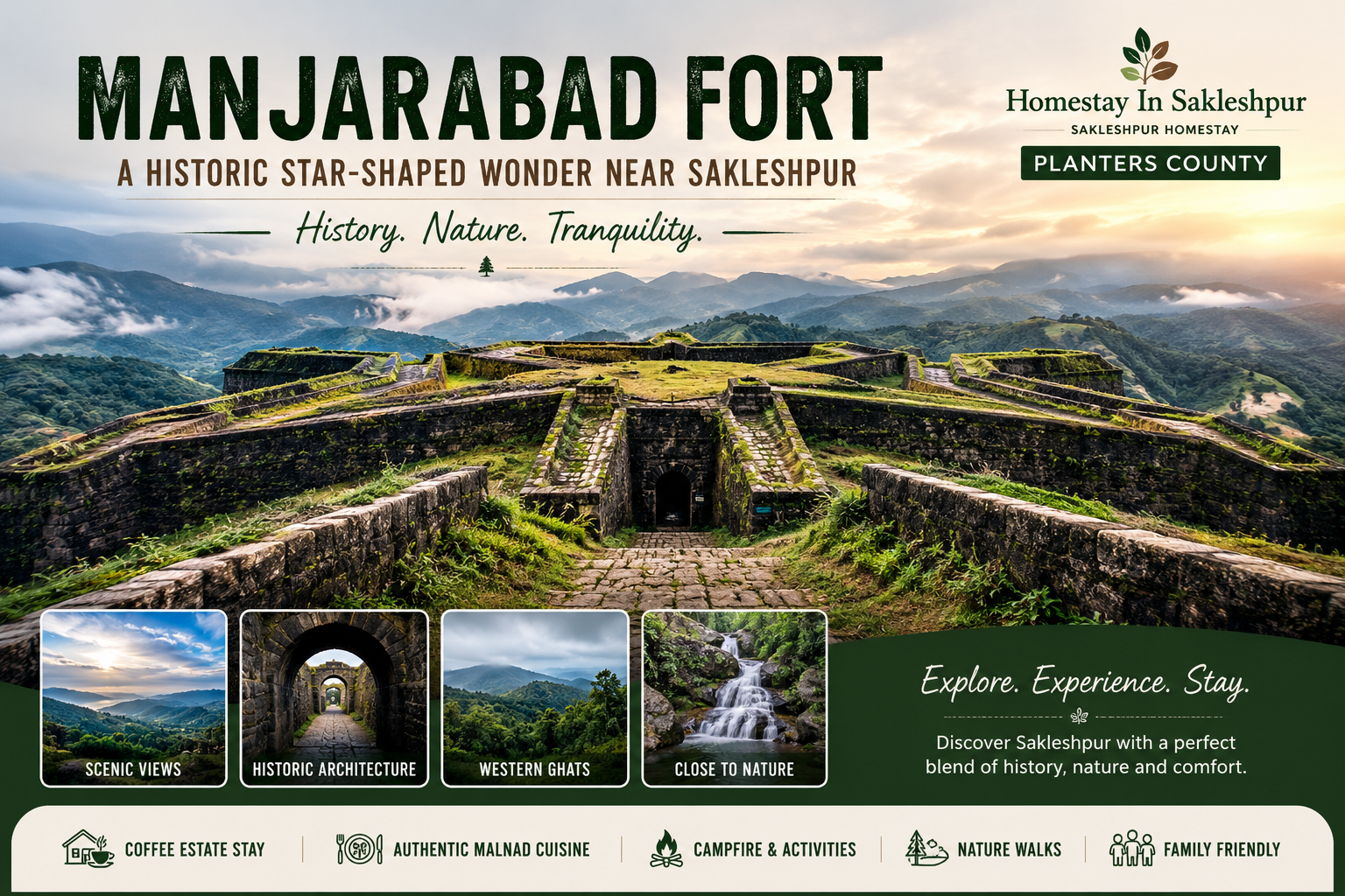 Aerial view of Manjarabad Fort in Sakleshpur, Karnataka, showcasing its unique star-shaped architecture surrounded by the lush Western Ghats and misty hills.