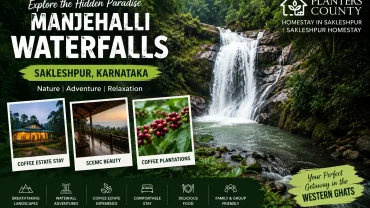 Manjehalli Waterfalls in Sakleshpur surrounded by lush green forests and coffee plantations near Planters County Homestay in Sakleshpur, Karnataka.