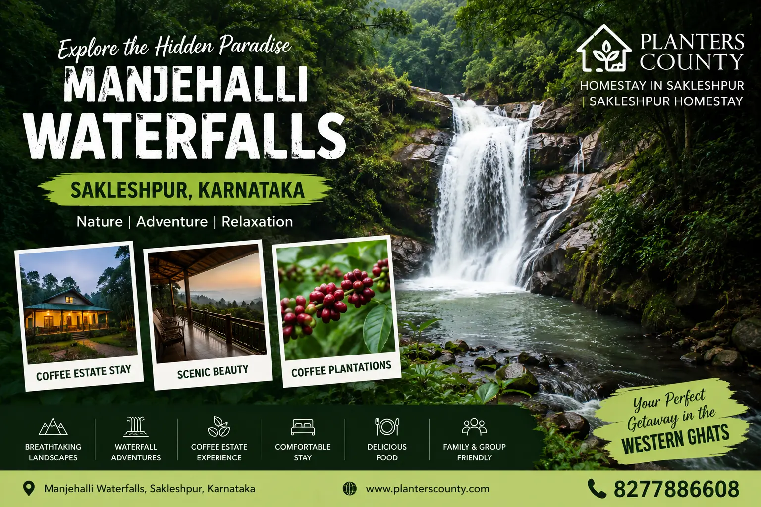 Manjehalli Waterfalls in Sakleshpur surrounded by lush green forests and coffee plantations near Planters County Homestay in Sakleshpur, Karnataka.